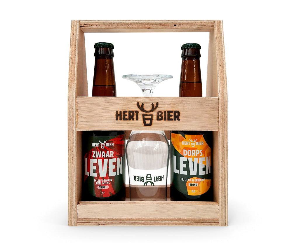 Houten kratje met 2 speciaalbieren + glas - Hert Bier